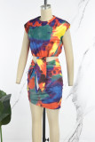 Tangerine Red Sexy Tie Dye Bandage Patchwork O Neck Sleeveless Two Pieces