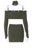 Army Green Sexy Solid Patchwork Halter Long Sleeve Two Pieces