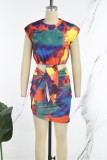 Tangerine Red Sexy Tie Dye Bandage Patchwork O Neck Sleeveless Two Pieces