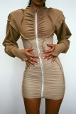 Khaki Sexy Color Block Patchwork Contrast Hooded Collar Sheath Dresses