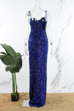 Royal Blue Sexy Formal Patchwork Sequins Backless Slit Spaghetti Strap Evening Dress Dresses