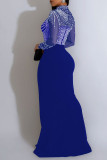 Blue Party Elegant Formal Hot Drilling Patchwork Slit Mesh Hot Drill Mandarin Collar Long Sleeve Dresses