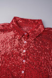 Red Casual Patchwork Sequins Turndown Collar Tops