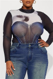 Blue Sexy Print Patchwork Half A Turtleneck Skinny Bodysuits