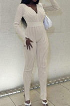 White Casual Solid Bandage Patchwork Slit Zipper O Neck Skinny Jumpsuits
