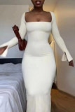 White Casual Solid Basic Square Collar Long Sleeve Dresses