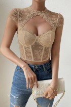 Khaki Sexy Casual Solid Hollowed Out See-through O Neck Tops