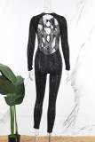 Black Sexy Solid Hollowed Out Patchwork See-through O Neck Skinny Jumpsuits