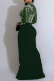 Green Party Elegant Formal Hot Drilling Patchwork Slit Mesh Hot Drill Mandarin Collar Long Sleeve Dresses
