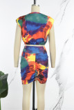 Tangerine Red Sexy Tie Dye Bandage Patchwork O Neck Sleeveless Two Pieces
