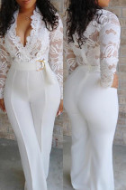 White Casual Solid Patchwork With Belt V Neck Skinny Jumpsuits