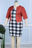 Red Casual Plaid Patchwork Asymmetrical Collar Pencil Skirt Dresses