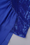 Blue Party Formal Patchwork Solid Sequins Patchwork Sequined Mesh Solid Color Strapless Evening Dress Dresses