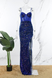 Royal Blue Sexy Formal Patchwork Sequins Backless Slit Spaghetti Strap Evening Dress Dresses