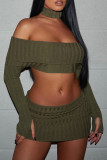 Army Green Sexy Solid Patchwork Halter Long Sleeve Two Pieces