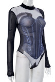 Blue Sexy Print Patchwork Half A Turtleneck Skinny Bodysuits
