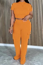 Orange Casual Solid Basic Half A Turtleneck Short Sleeve Two Pieces