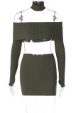 Army Green Sexy Solid Patchwork Halter Long Sleeve Two Pieces