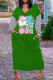 Green Pink Casual Print Santa Claus Patchwork V Neck Long Dress Dresses