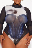 Blue Sexy Print Patchwork Half A Turtleneck Skinny Bodysuits