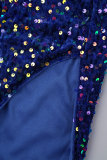 Royal Blue Sexy Formal Patchwork Sequins Backless Slit Spaghetti Strap Evening Dress Dresses