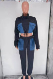 Black Casual Color Block Bandage Patchwork Pocket Mandarin Collar Long Sleeve Two Pieces
