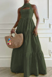 Army Green Casual Solid Hollowed Out Patchwork Zipper O Neck A Line Dresses