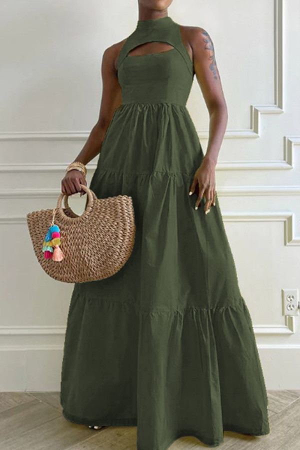 Army Green Casual Solid Hollowed Out Patchwork Zipper O Neck A Line Dresses