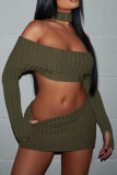 Army Green Sexy Solid Patchwork Halter Long Sleeve Two Pieces