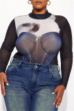 Blue Sexy Print Patchwork Half A Turtleneck Skinny Bodysuits