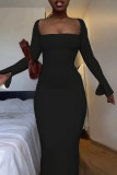 Black Casual Solid Basic Square Collar Long Sleeve Dresses