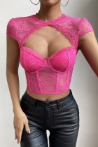 Rose Red Sexy Casual Solid Hollowed Out See-through O Neck Tops