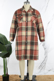 Khaki Casual Plaid Print Patchwork Turndown Collar Plus Size Overcoat