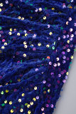 Royal Blue Sexy Formal Patchwork Sequins Backless Slit Spaghetti Strap Evening Dress Dresses