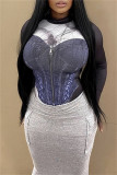 Blue Sexy Print Patchwork Half A Turtleneck Skinny Bodysuits