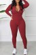 Red Sportswear Elegant Print Letter Zipper Collar Jumpsuits