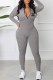 Dark Gray Sportswear Elegant Print Letter Zipper Collar Jumpsuits