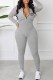 Light Gray Sportswear Elegant Print Letter Zipper Collar Jumpsuits