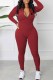 Red Elegant Print Letter Zipper Collar Jumpsuits