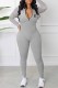 Light Gray Elegant Print Letter Zipper Collar Jumpsuits