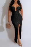 Champagne Sexy Solid Sequins Patchwork Backless Slit Strapless Long Dress (Subject To The Actual Object )