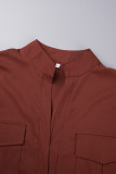 Light Brown Sweet Solid Patchwork Pocket V Neck Long Sleeve Two Pieces