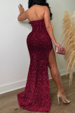 Red Sexy Formal Solid Sequins Patchwork Backless Slit Scalloped Long Dress Dresses