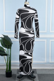 Black Casual Print Slit Turtleneck Long Dress Dresses
