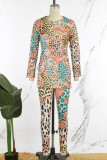 Orange Casual Print Slit O Neck Long Sleeve Two Pieces