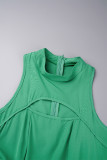 Green Casual Solid Hollowed Out Patchwork Zipper O Neck A Line Dresses