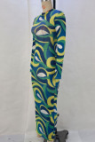 Green Street Print Patchwork O Neck Sheath Dresses