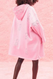 Pink Casual Print Patchwork Pocket Hooded Collar Long Sleeve Dresses