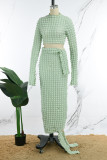 Green Casual Solid Basic Turtleneck Long Sleeve Two Pieces