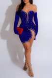 Blue Sexy Solid Patchwork Backless Hot Drill Off the Shoulder Long Sleeve Dresses